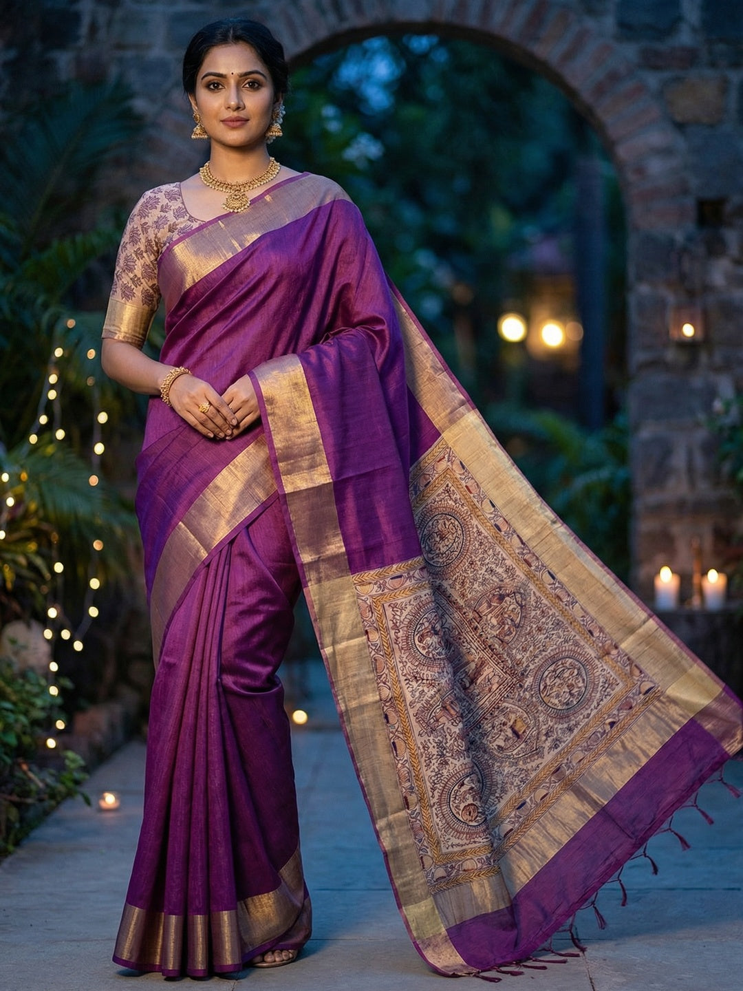 Elegant Purple Tussar Silk Saree with Golden Border - Image 1