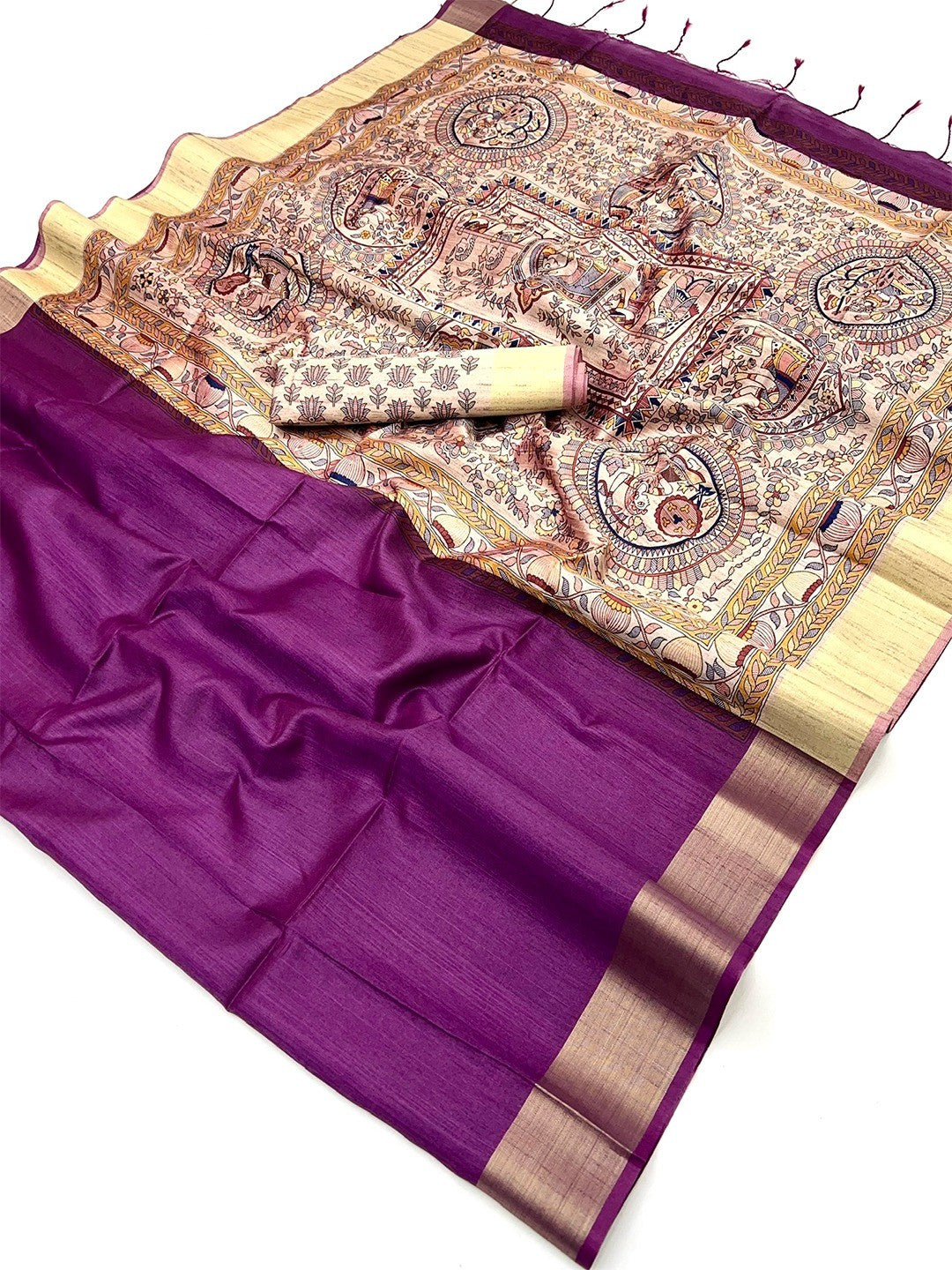 Elegant Purple Tussar Silk Saree with Golden Border - Image 2