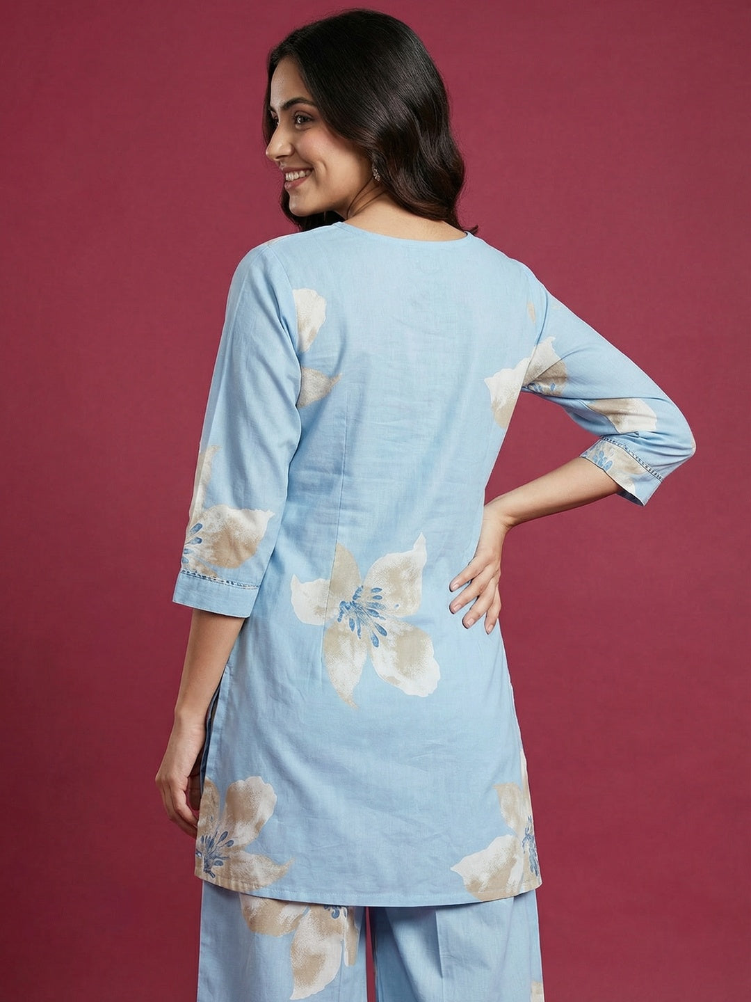 Blue Floral Printed Pure Cotton Co-Ord Set for Casual Ethnic Styling - Image 3