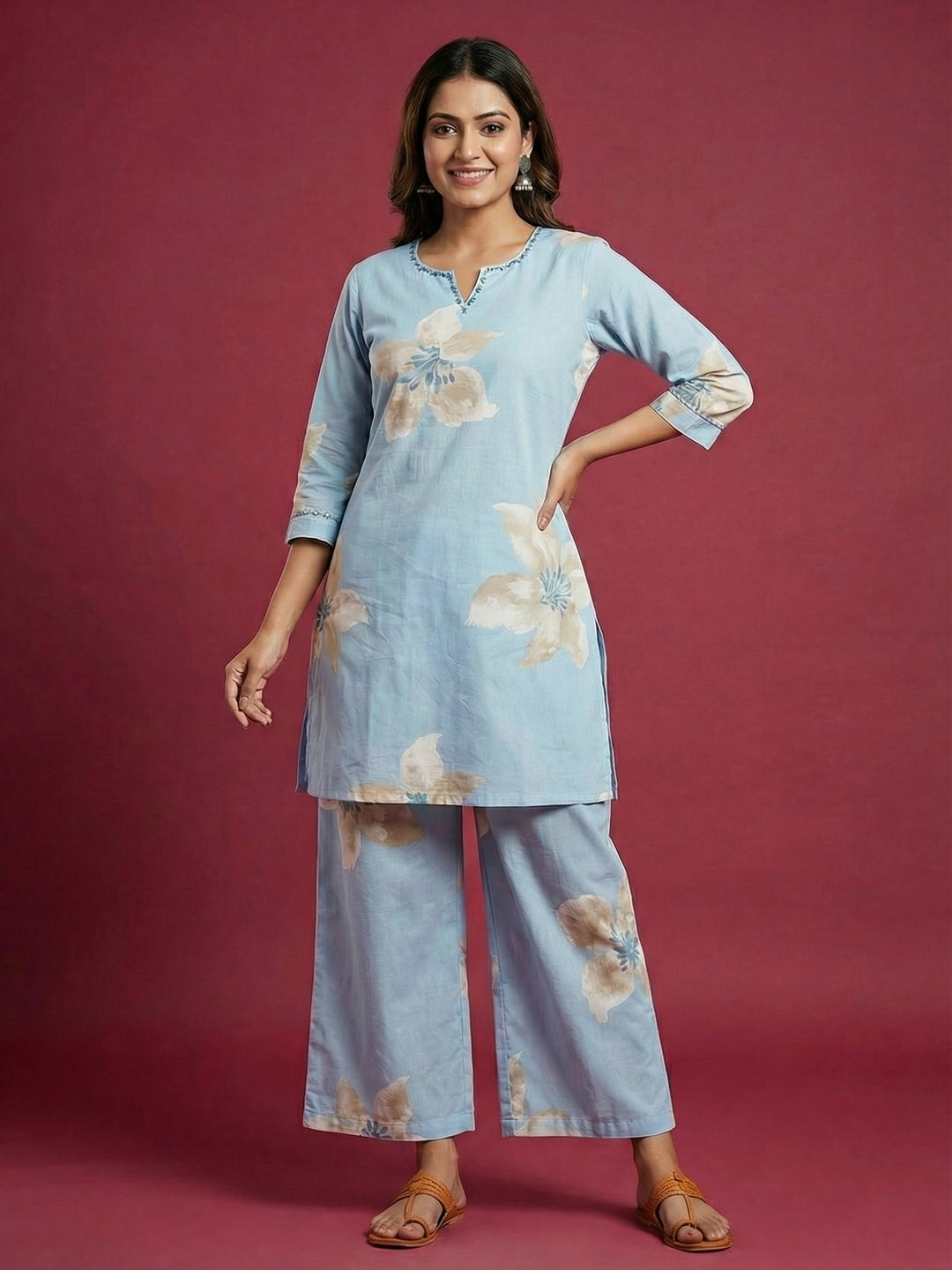 Blue Floral Printed Pure Cotton Co-Ord Set for Casual Ethnic Styling - Image 1