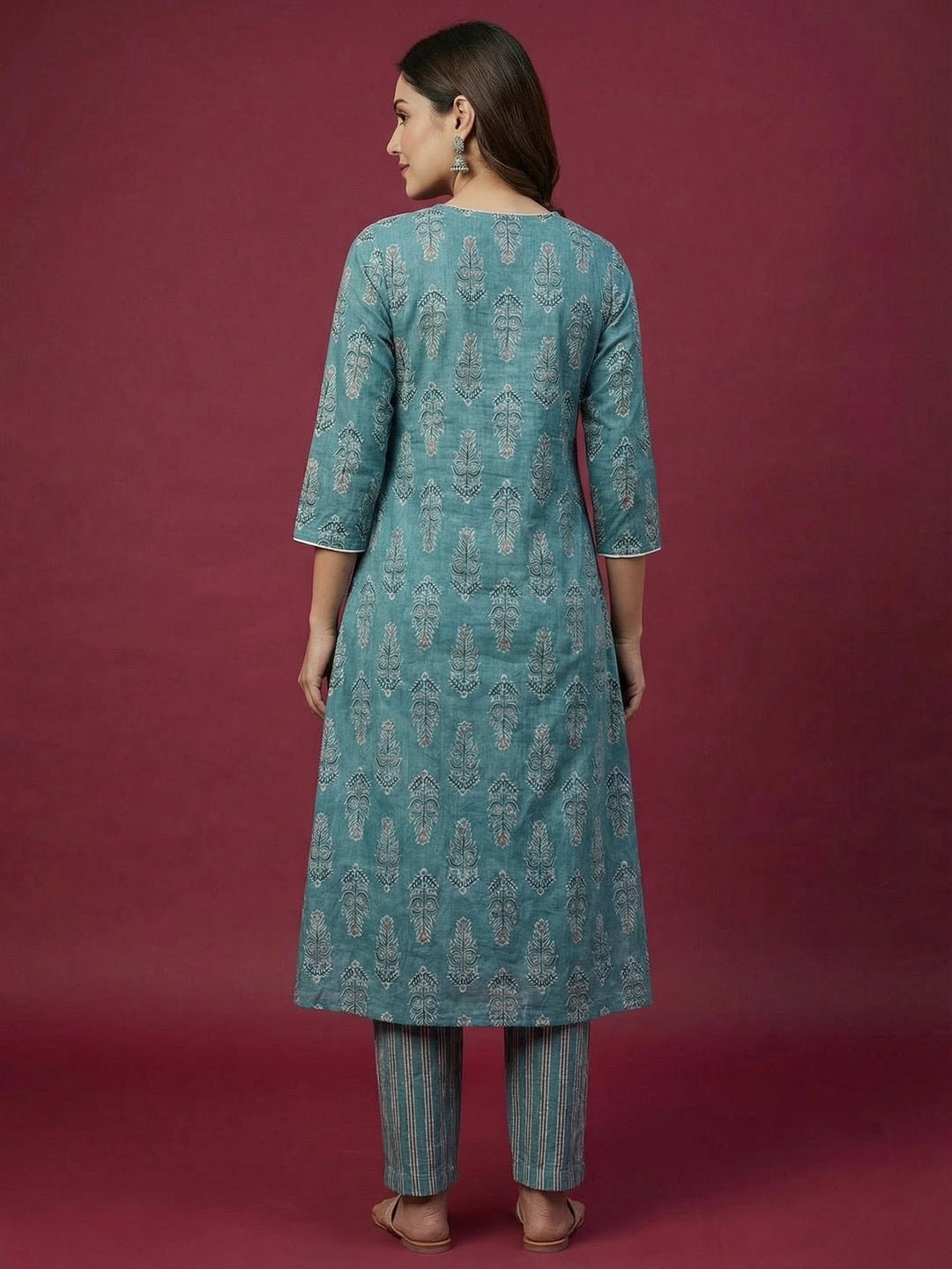Festive Style Rama Blue Printed Pure Cotton Kurta Salwar Suit for Special Occasions - Image 4