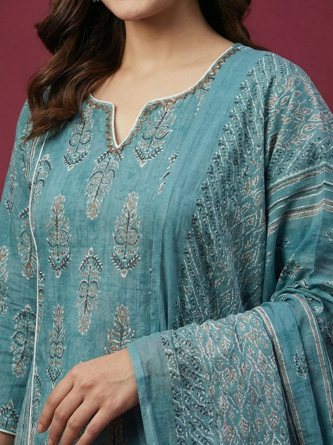 Festive Style Rama Blue Printed Pure Cotton Kurta Salwar Suit for Special Occasions - Image 5