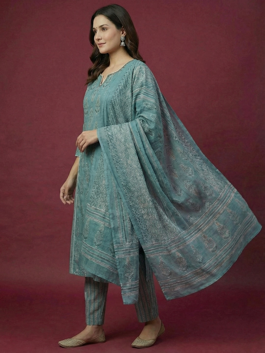 Festive Style Rama Blue Printed Pure Cotton Kurta Salwar Suit for Special Occasions - Image 3