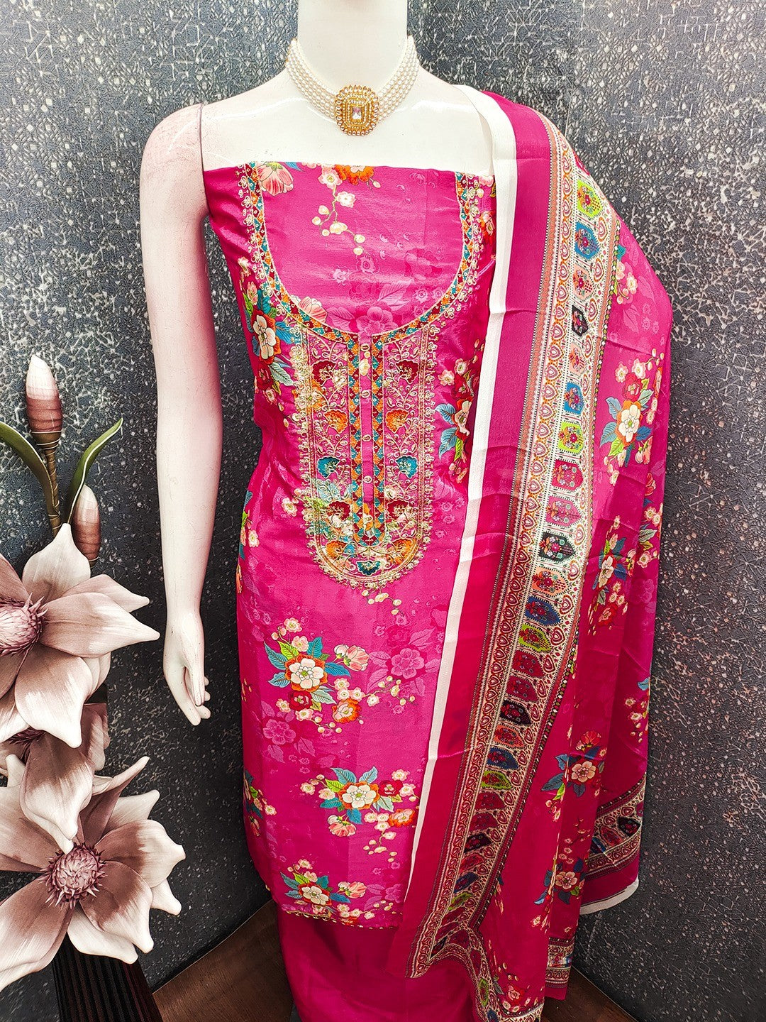 Pink Floral Digital Printed Chinon Dress Material Designed for Chic Ethnic Styling - Image 5