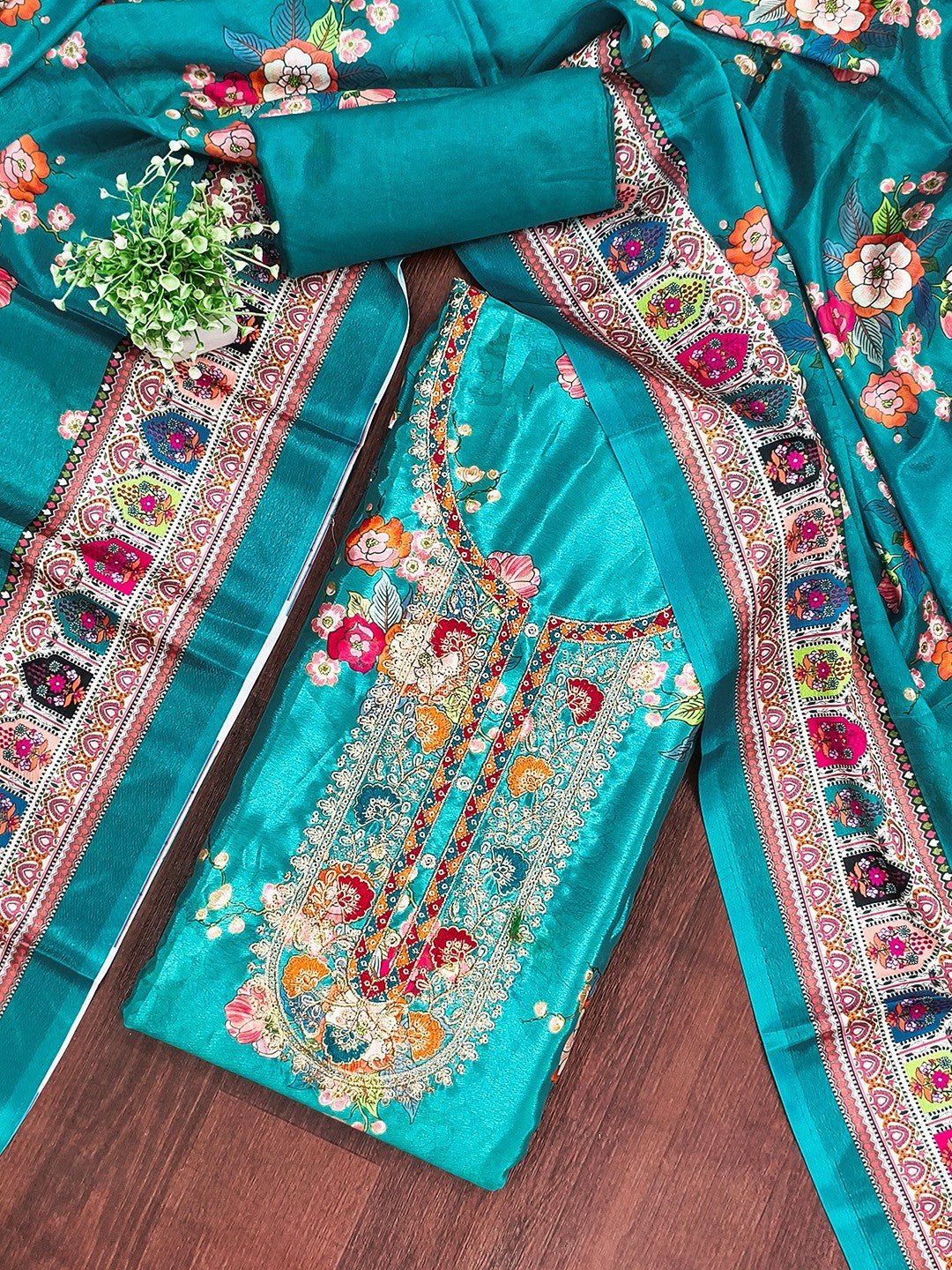 Teal Floral Digital Printed Chinon Dress Material Designed for Chic Ethnic Styling - Image 1