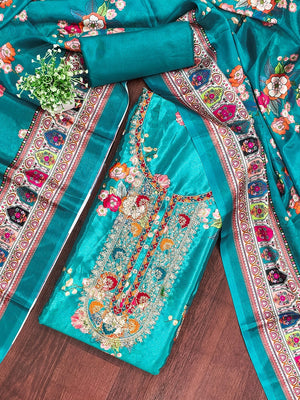 Teal Floral Digital Printed Chinon Dress Material Designed for Chic Ethnic Styling - Image 1