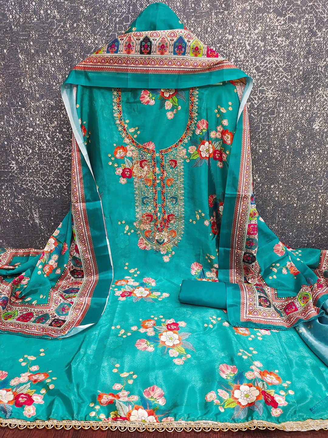 Teal Floral Digital Printed Chinon Dress Material Designed for Chic Ethnic Styling - Image 3
