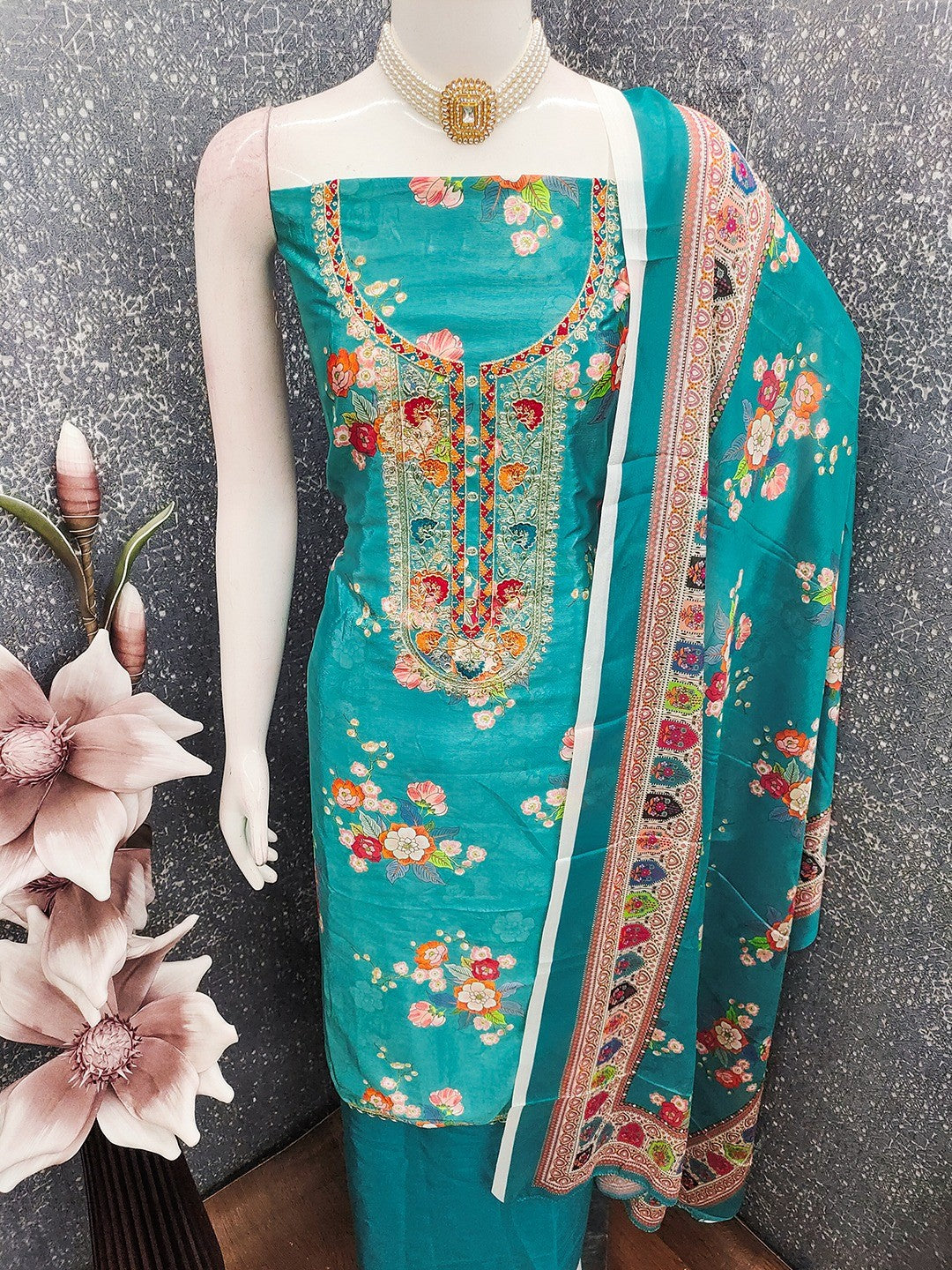Teal Floral Digital Printed Chinon Dress Material Designed for Chic Ethnic Styling - Image 2