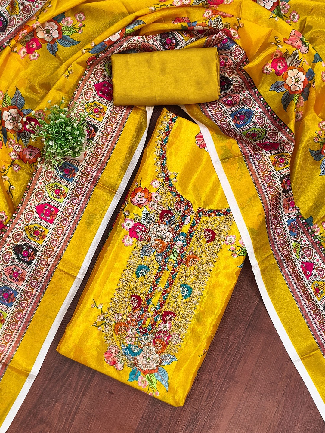 Mustard Floral Digital Printed Chinon Dress Material Designed for Chic Ethnic Styling - Image 1