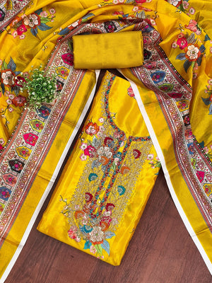 Mustard Floral Digital Printed Chinon Dress Material Designed for Chic Ethnic Styling - Image 1