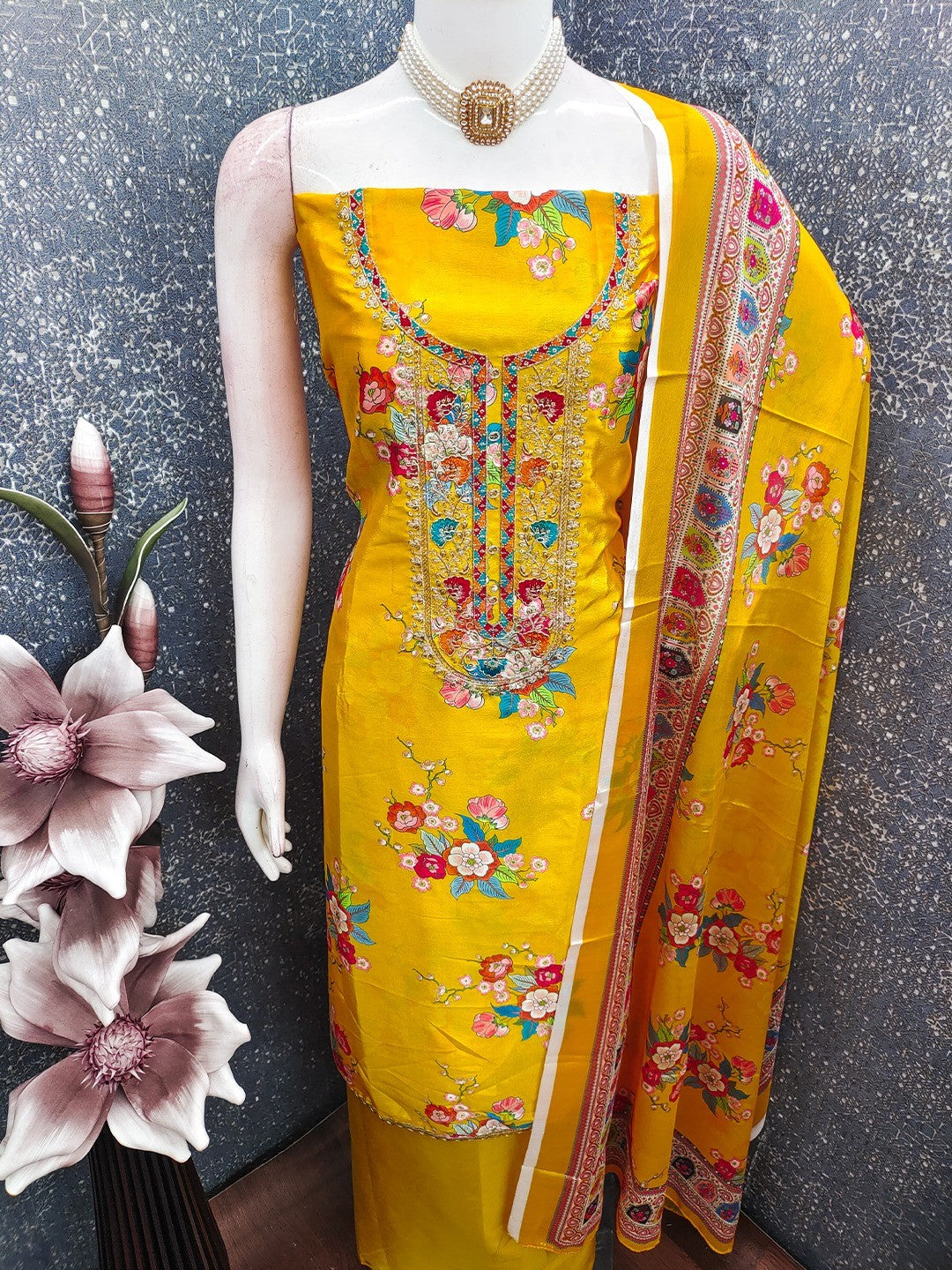Mustard Floral Digital Printed Chinon Dress Material Designed for Chic Ethnic Styling - Image 2