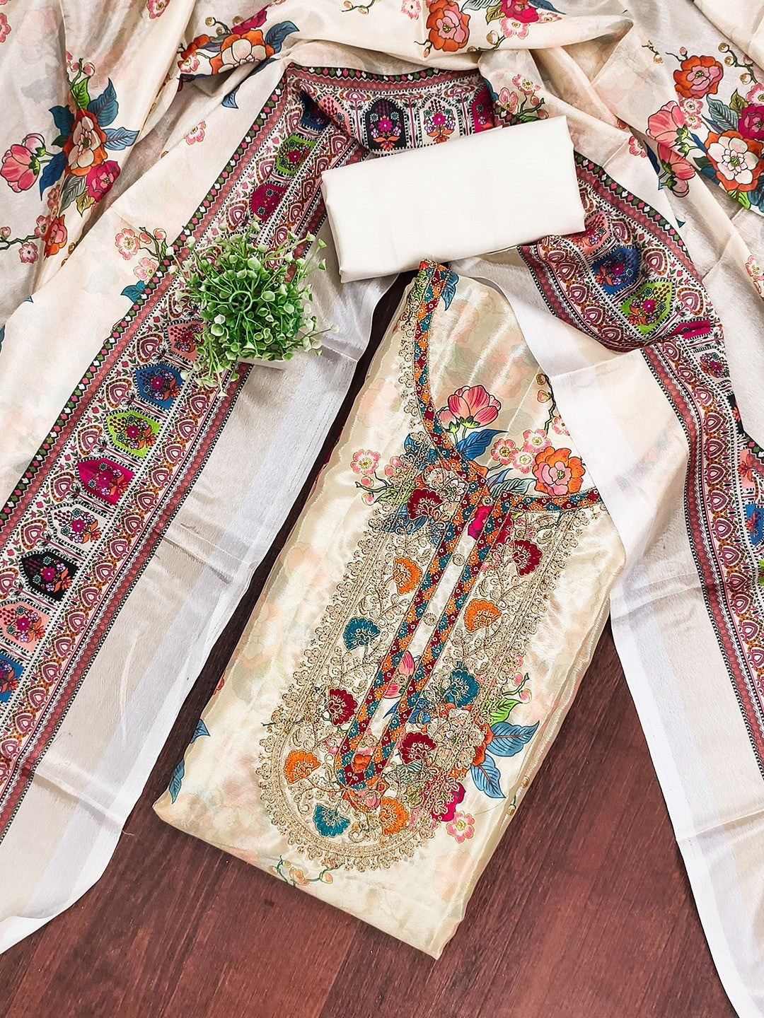 Cream Floral Digital Printed Chinon Dress Material Designed for Chic Ethnic Styling - Image 1