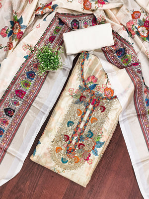 Cream Floral Digital Printed Chinon Dress Material Designed for Chic Ethnic Styling - Image 1