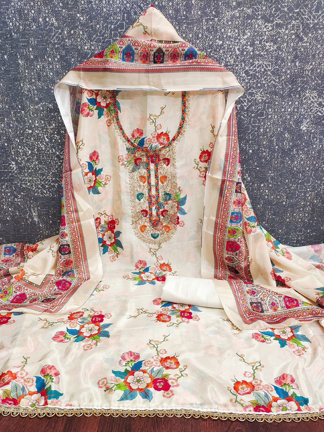 Cream Floral Digital Printed Chinon Dress Material Designed for Chic Ethnic Styling - Image 3