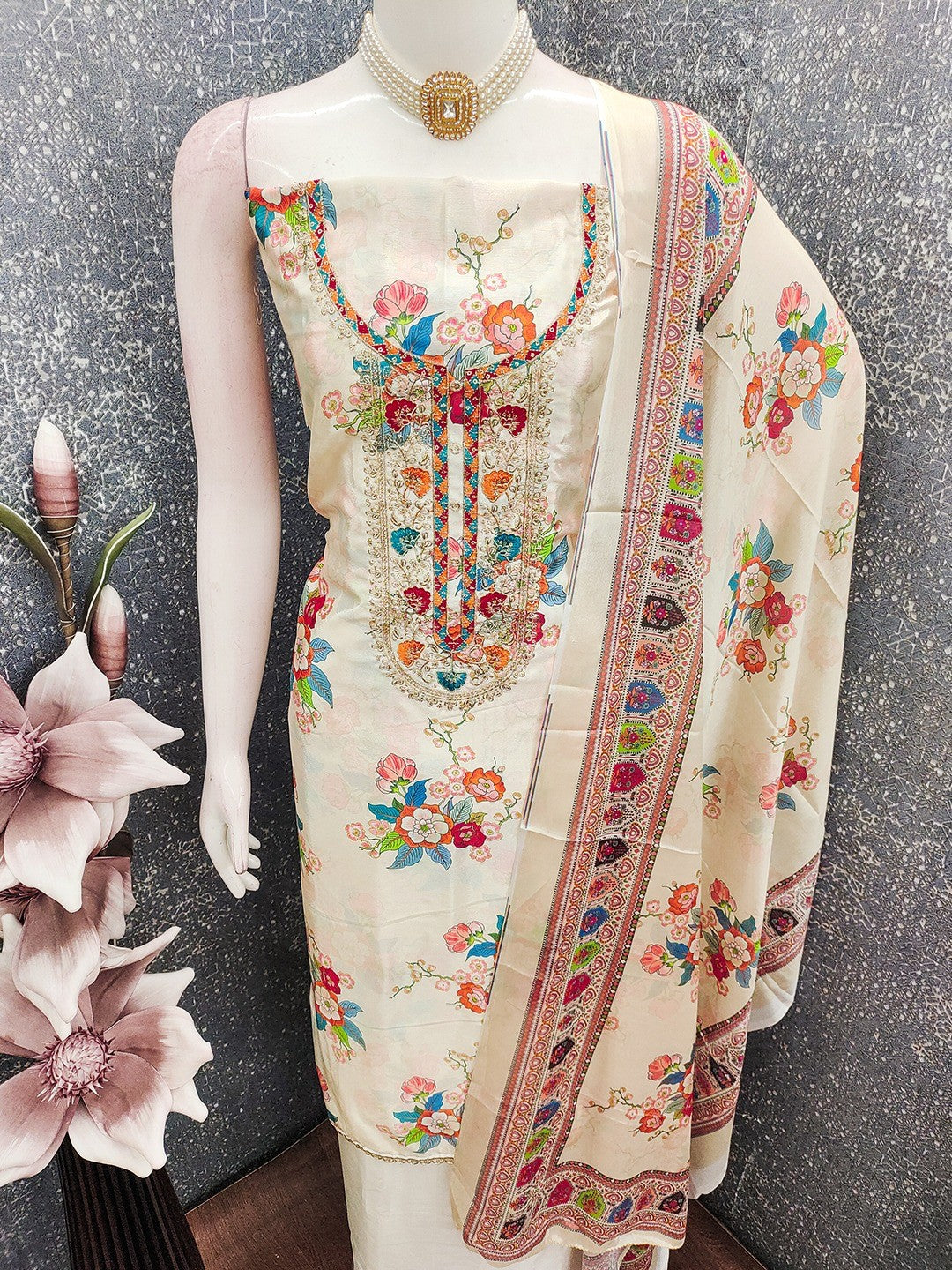Cream Floral Digital Printed Chinon Dress Material Designed for Chic Ethnic Styling - Image 2