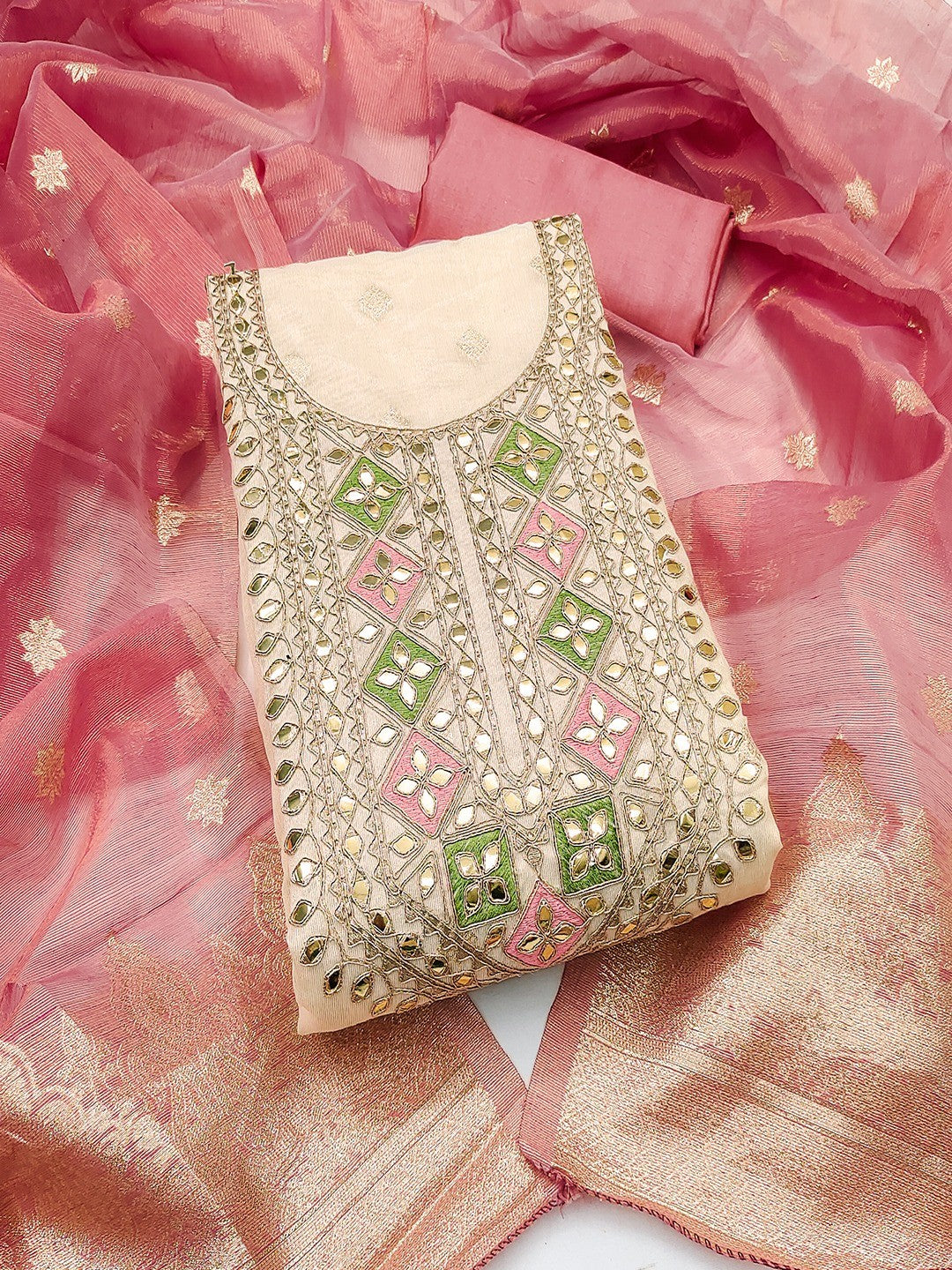 Cream & Peach Jacquard Dress Material Adorned with Classic Butti Weaving Work - Image 4