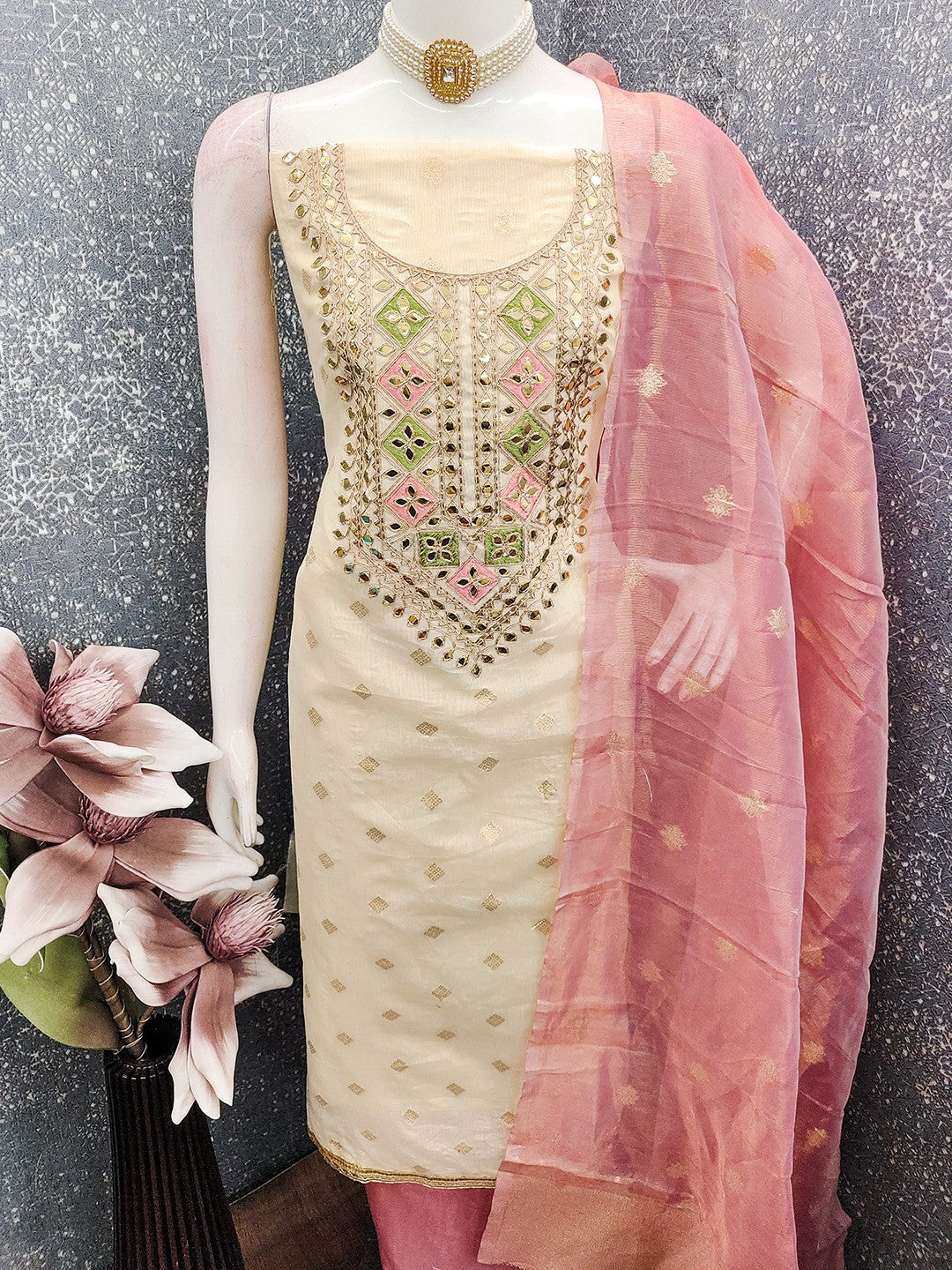 Cream & Peach Jacquard Dress Material Adorned with Classic Butti Weaving Work - Image 2