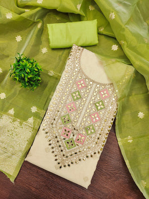 Cream & Green Jacquard Dress Material Adorned with Classic Butti Weaving Work - Image 1