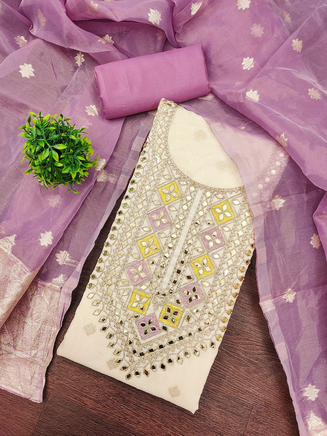 Cream & Purple Jacquard Dress Material Adorned with Classic Butti Weaving Work - Image 1