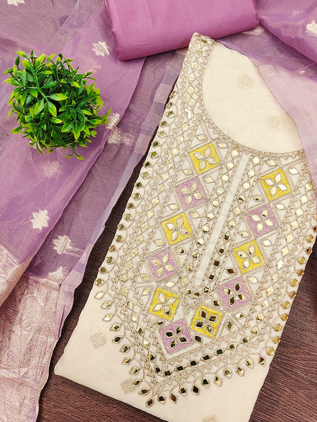 Cream & Purple Jacquard Dress Material Adorned with Classic Butti Weaving Work - Image 5