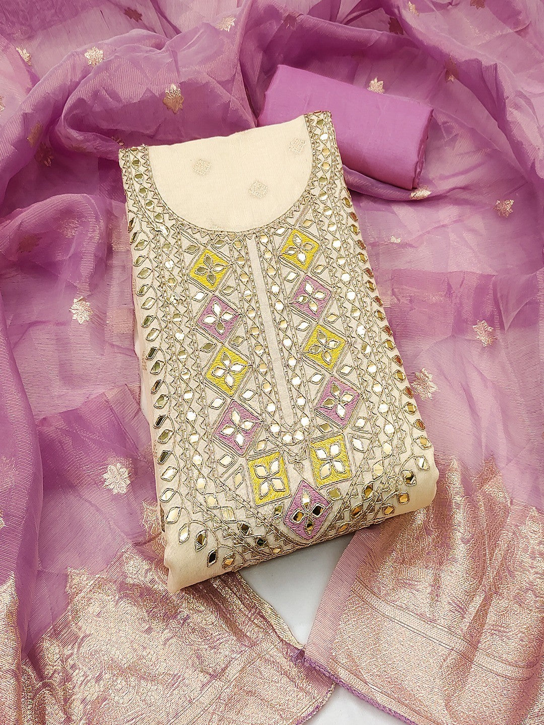 Cream & Purple Jacquard Dress Material Adorned with Classic Butti Weaving Work - Image 4
