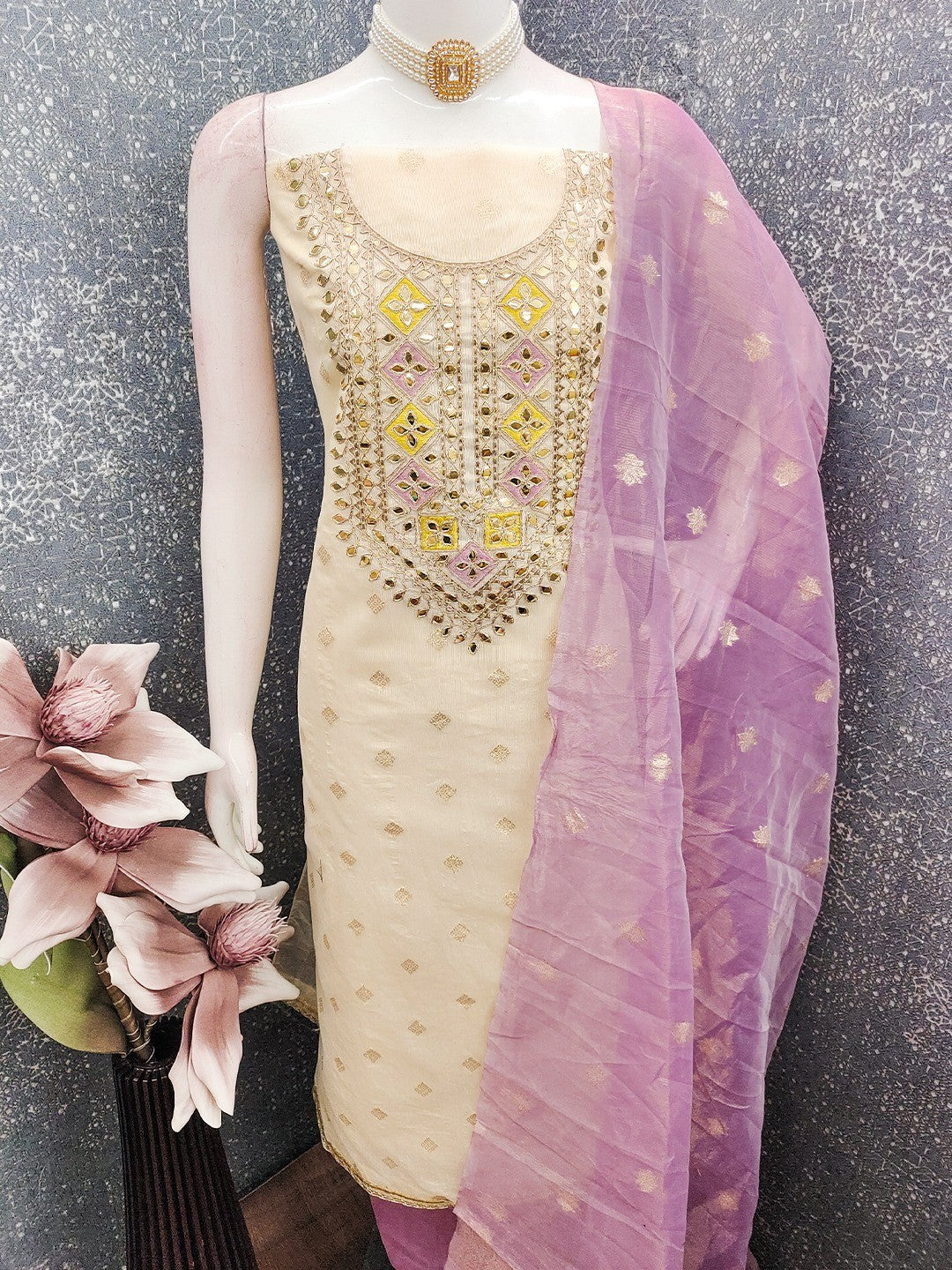 Cream & Purple Jacquard Dress Material Adorned with Classic Butti Weaving Work - Image 2