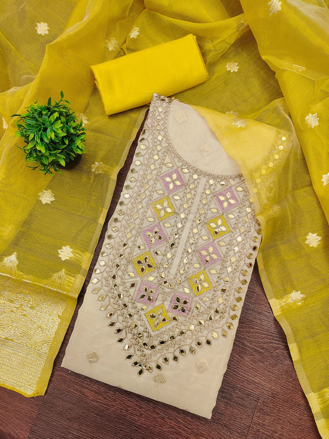 Cream & Mehendi Green Jacquard Dress Material Adorned with Classic Butti Weaving Work - Image 1