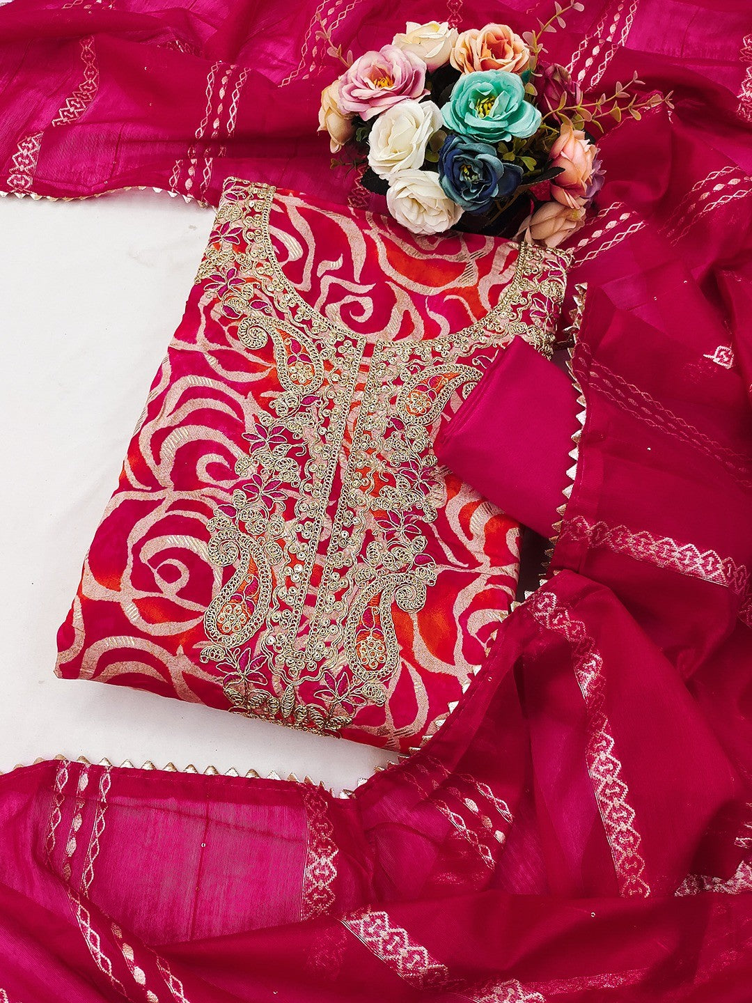Pink Printed Art Silk Fabric Set Enhanced with Fine Embroidered Detailing - Image 1