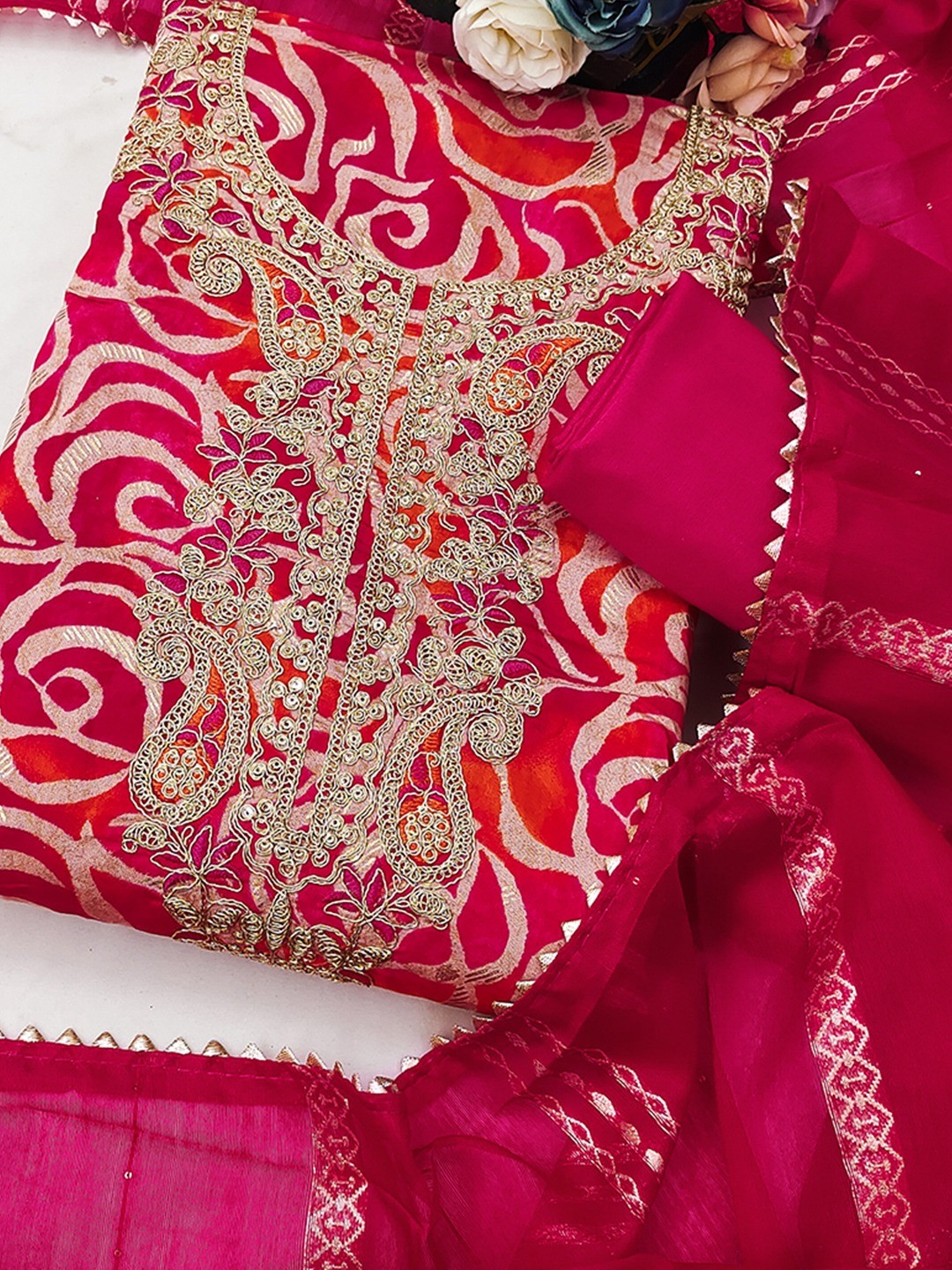 Pink Printed Art Silk Fabric Set Enhanced with Fine Embroidered Detailing - Image 5
