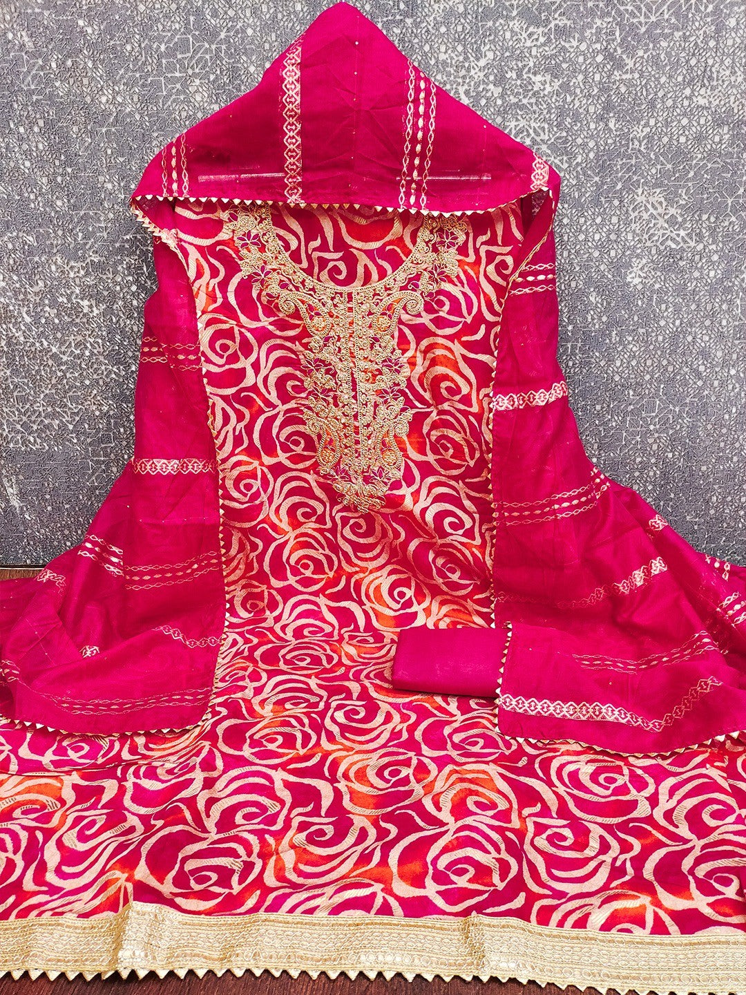 Pink Printed Art Silk Fabric Set Enhanced with Fine Embroidered Detailing - Image 2