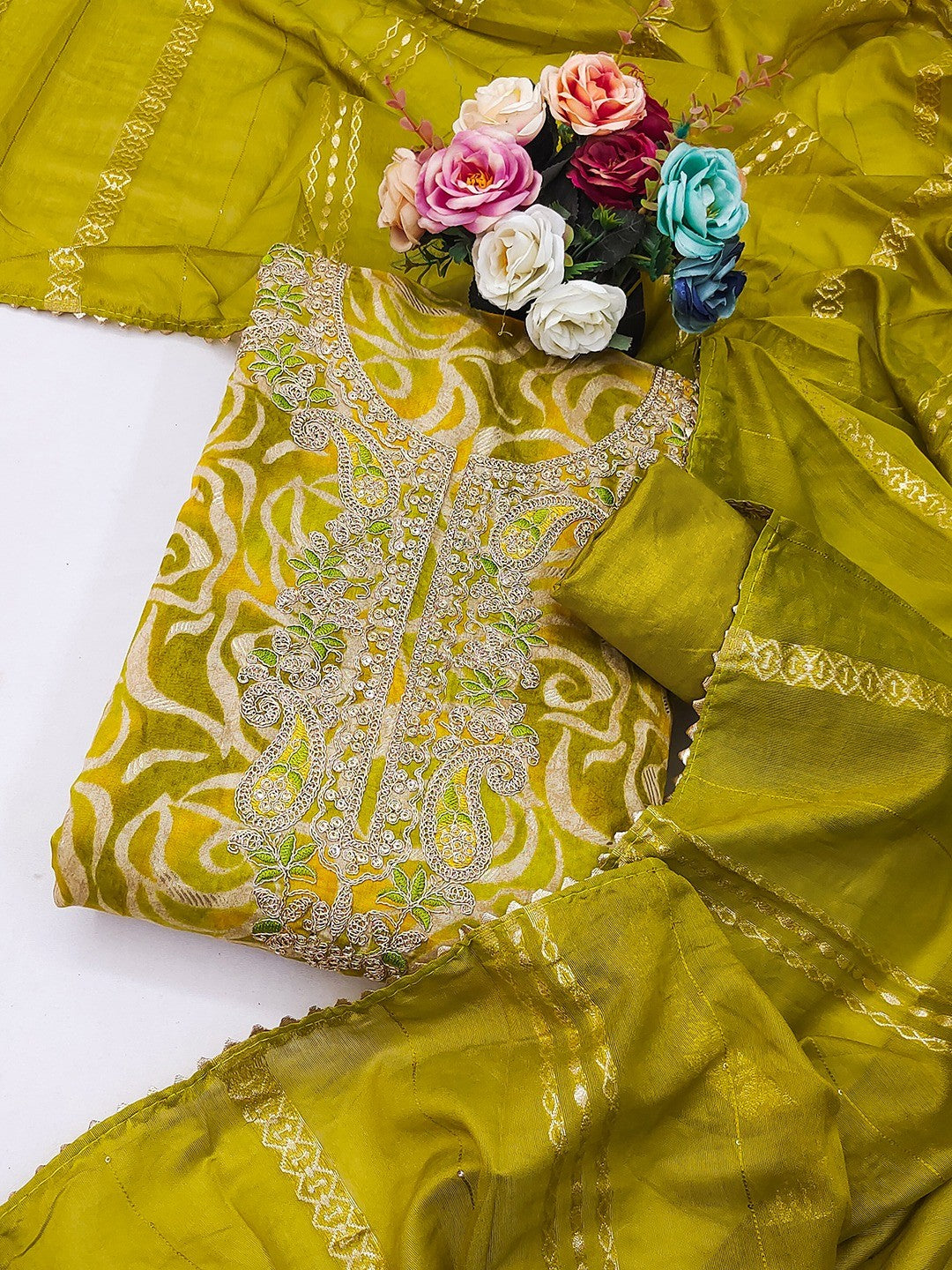 Green Printed Art Silk Fabric Set Enhanced with Fine Embroidered Detailing - Image 1