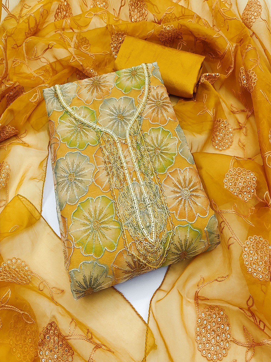 Mustard Embroidered Organza Fabric Set Featuring Intricate Beads Work Detailing - Image 1