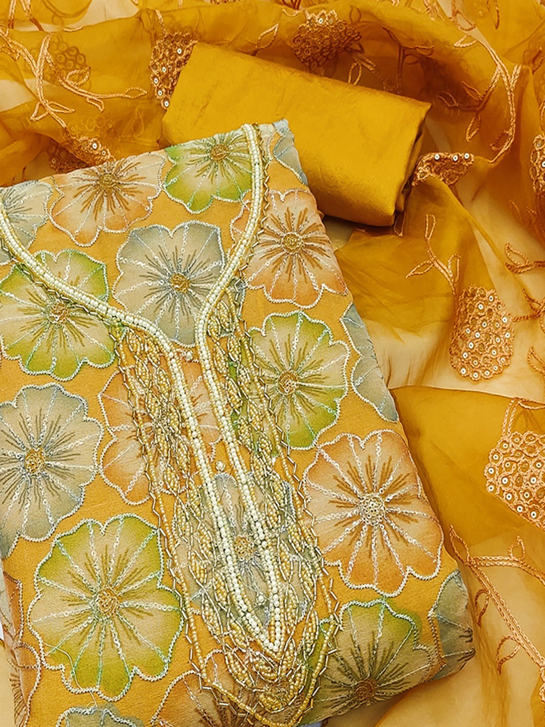 Mustard Embroidered Organza Fabric Set Featuring Intricate Beads Work Detailing - Image 4