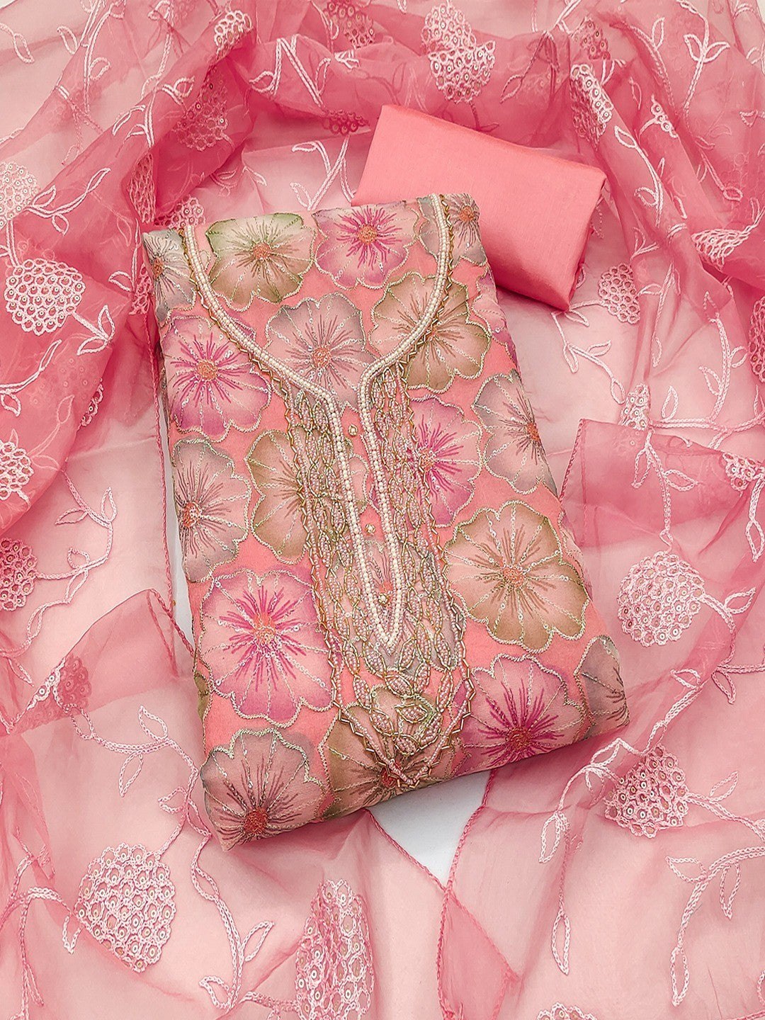 Peach Embroidered Organza Fabric Set Featuring Intricate Beads Work Detailing - Image 1
