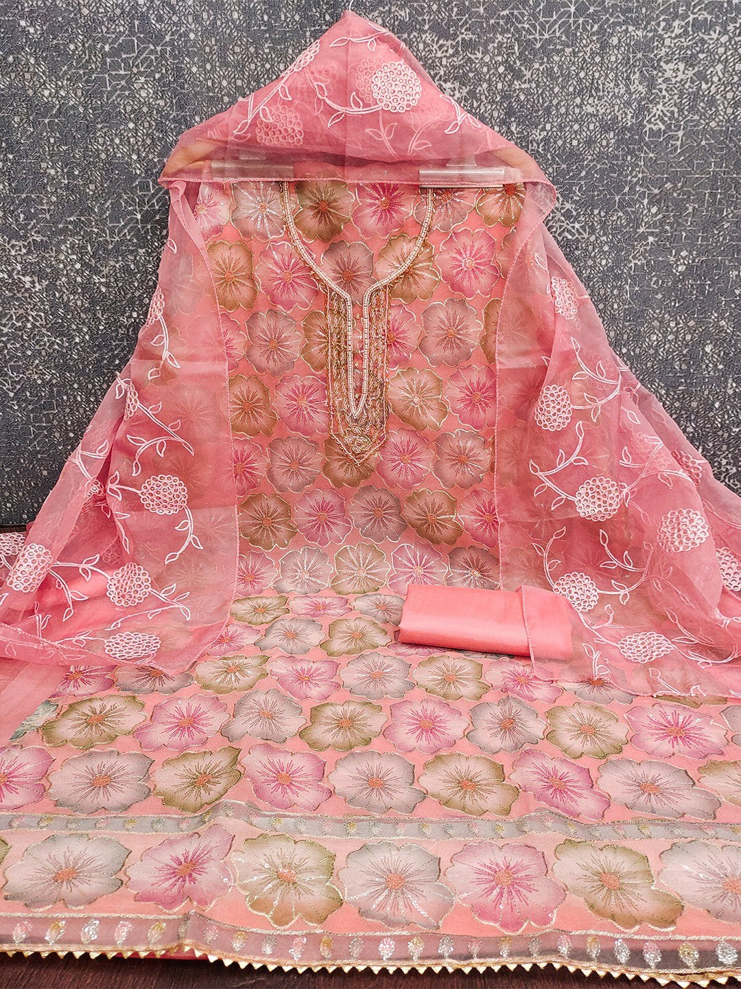Peach Embroidered Organza Fabric Set Featuring Intricate Beads Work Detailing - Image 2