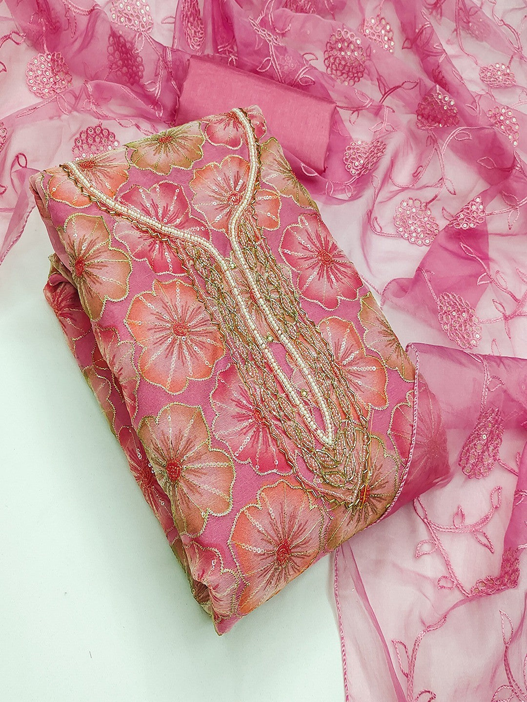 Pink Embroidered Organza Fabric Set Featuring Intricate Beads Work Detailing - Image 3