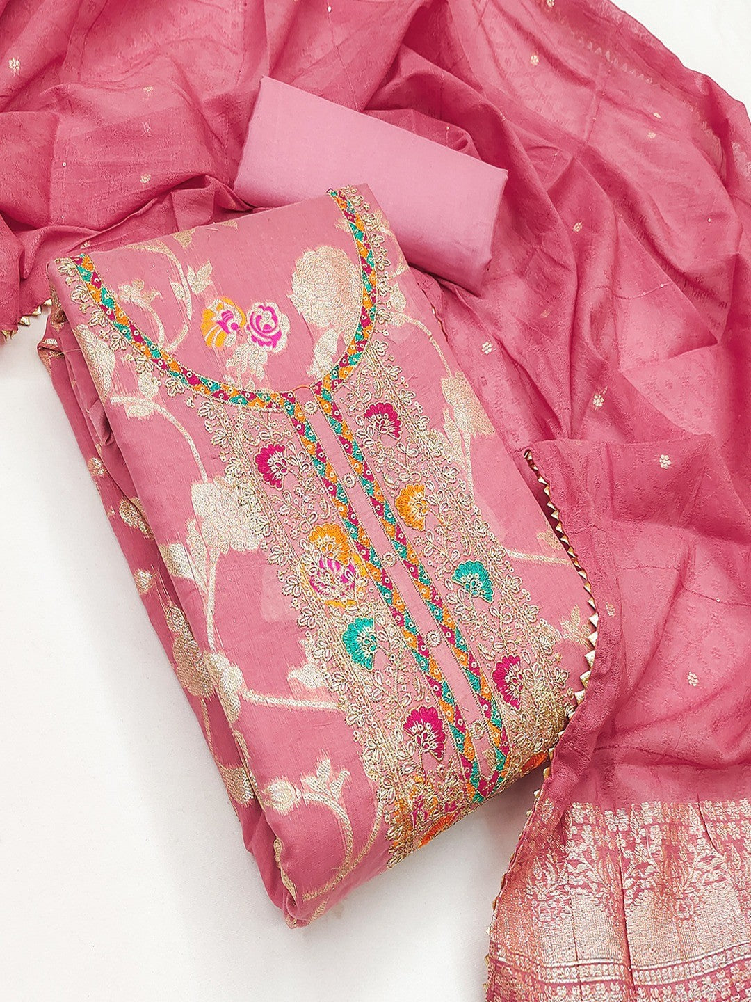 Peach Elegant Modal Jacquard Dress Material Adorned with Intricate Zari Weaving - Image 3