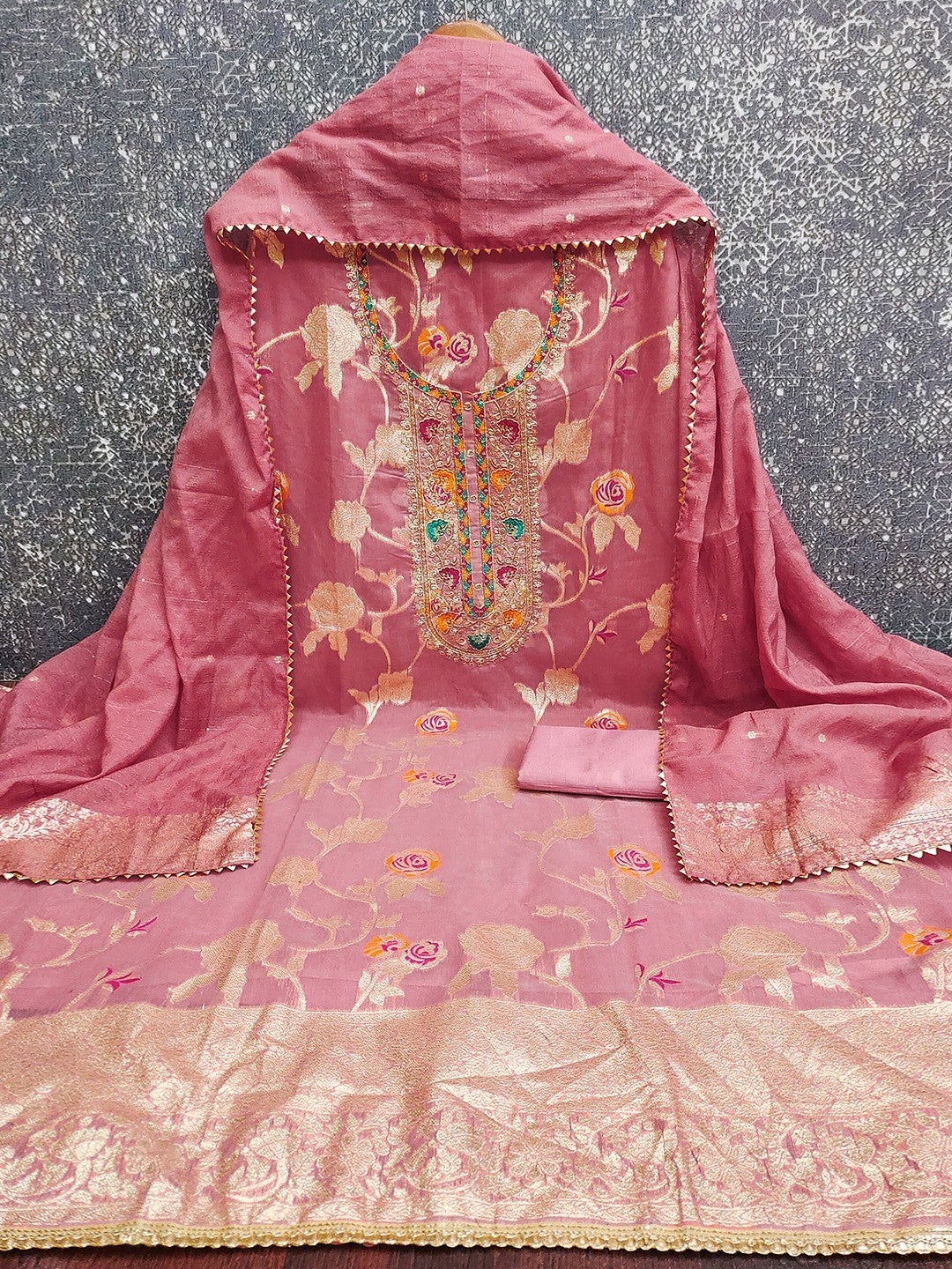 Peach Elegant Modal Jacquard Dress Material Adorned with Intricate Zari Weaving - Image 3