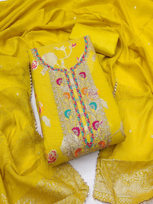 Yellow Elegant Modal Jacquard Dress Material Adorned with Intricate Zari Weaving - Image 1
