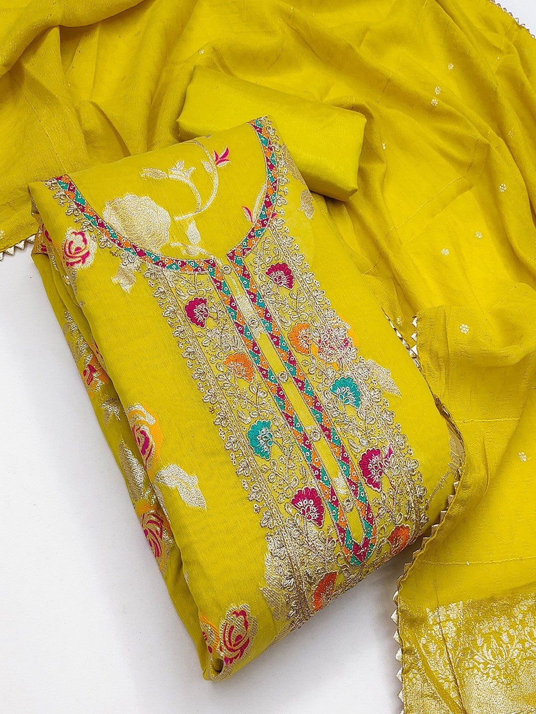 Yellow Elegant Modal Jacquard Dress Material Adorned with Intricate Zari Weaving - Image 3