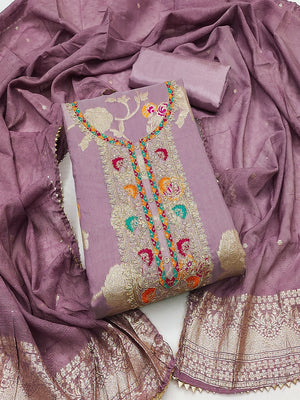 Mauve Elegant Modal Jacquard Dress Material Adorned with Intricate Zari Weaving - Image 1