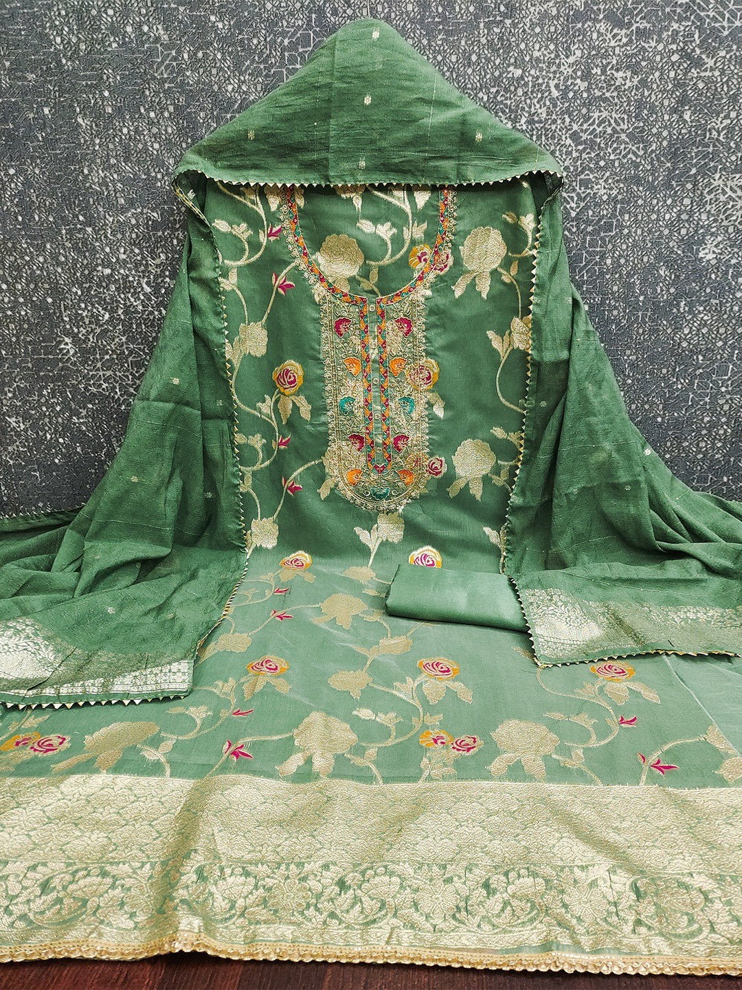 Green Elegant Modal Jacquard Dress Material Adorned with Intricate Zari Weaving - Image 2