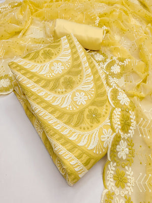 Elegant Yellow Floral Embroidered Georgette Dress Material With Delicate Sequins Work - Image 1