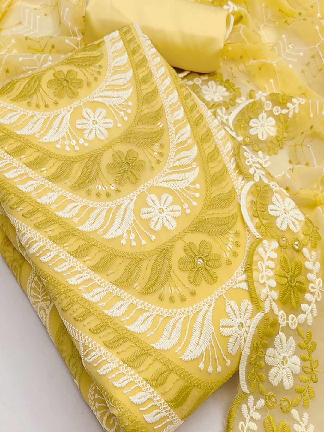Elegant Yellow Floral Embroidered Georgette Dress Material With Delicate Sequins Work - Image 5