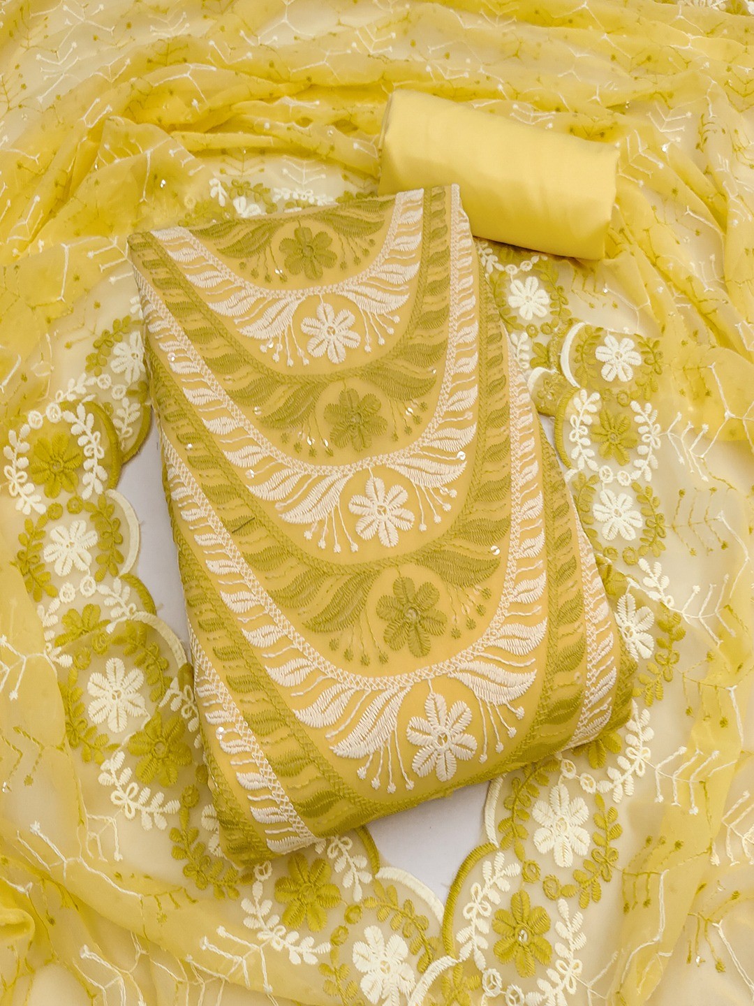 Elegant Yellow Floral Embroidered Georgette Dress Material With Delicate Sequins Work - Image 4