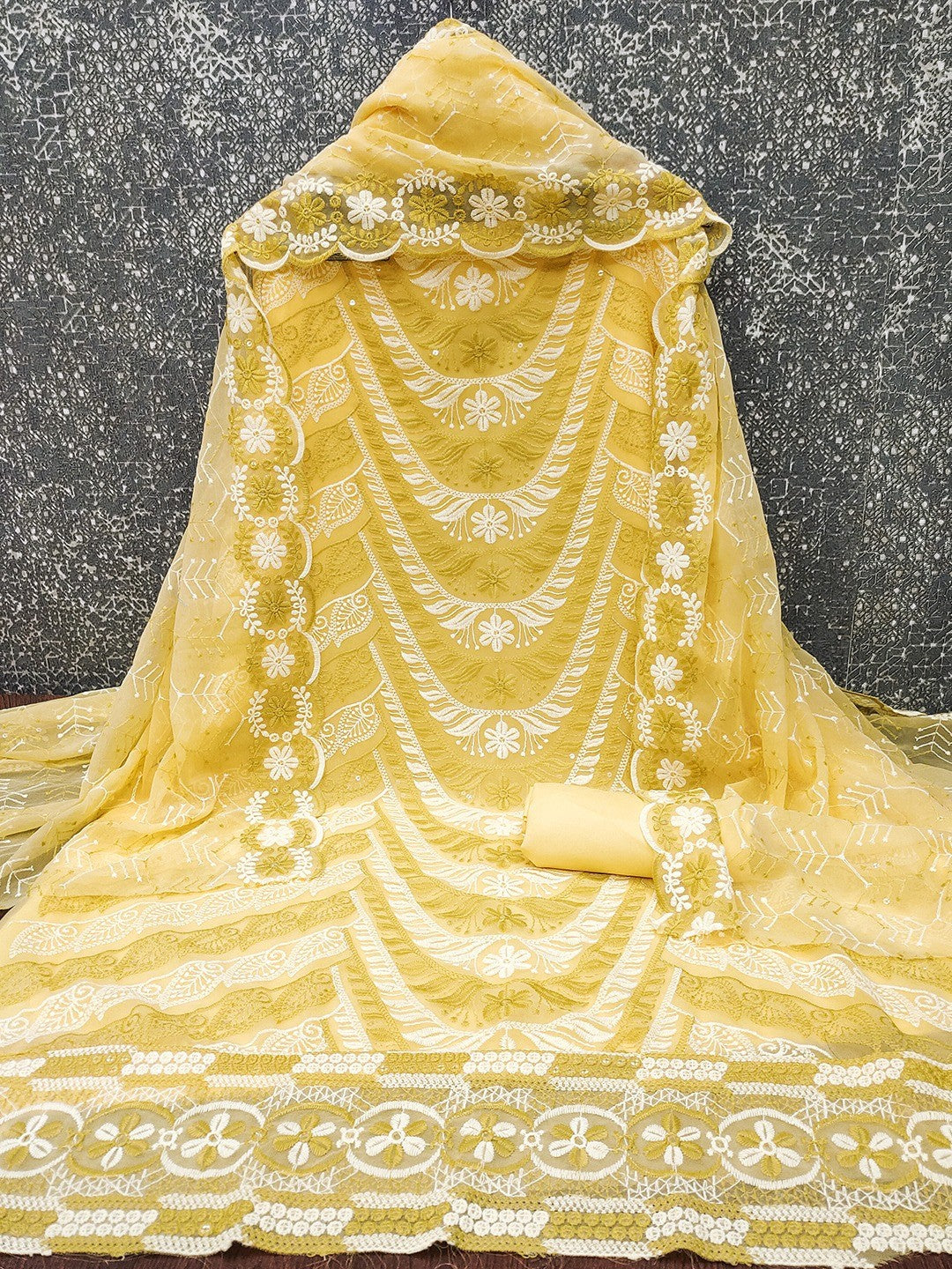 Elegant Yellow Floral Embroidered Georgette Dress Material With Delicate Sequins Work - Image 2
