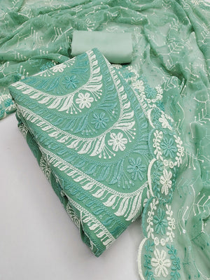 Elegant Turquoise Floral Embroidered Georgette Dress Material With Delicate Sequins Work - Image 1