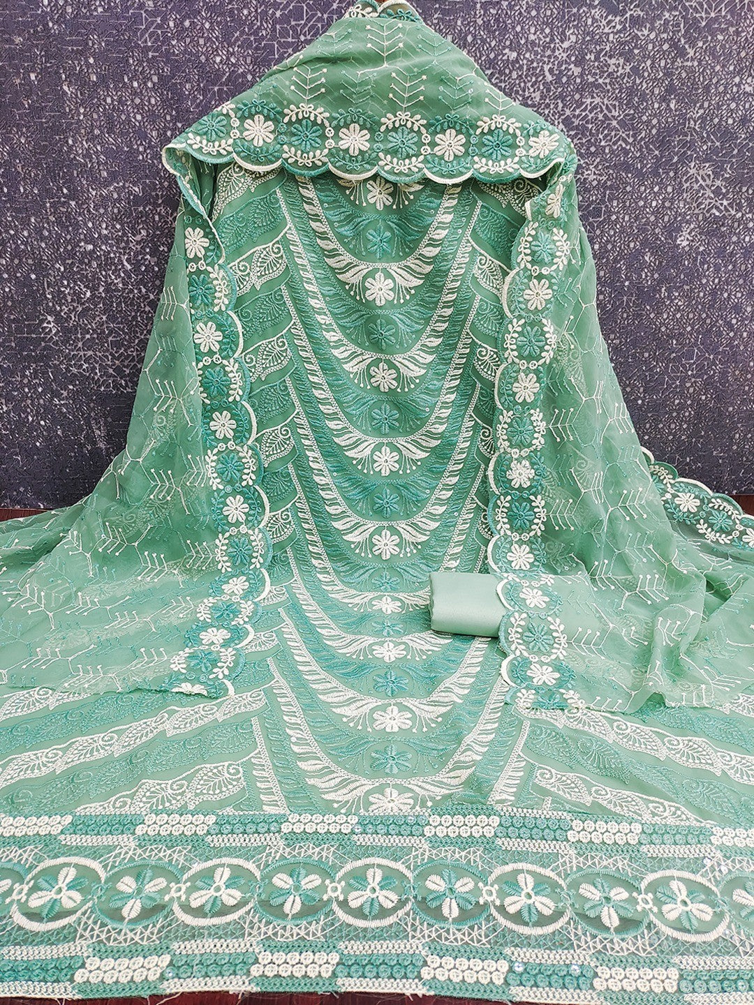 Elegant Turquoise Floral Embroidered Georgette Dress Material With Delicate Sequins Work - Image 3