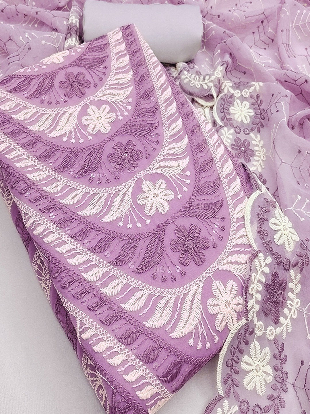 2Elegant Lavender Floral Embroidered Georgette Dress Material With Delicate Sequins Work - Image 5