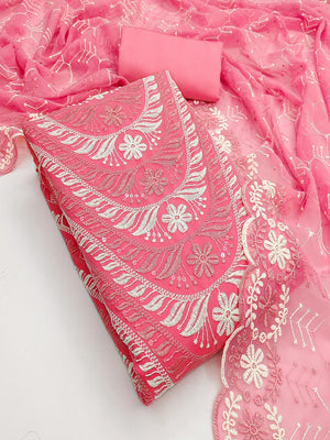 Elegant Pink Floral Embroidered Georgette Dress Material With Delicate Sequins Work - Image 1